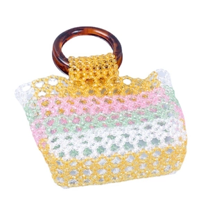 Handmade colorful acrylic beaded tote bag with resin handles and retro stripe pattern