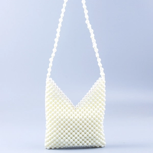 Handmade Beaded Shoulder Bag Cream White Acrylic Faux Artificial Pearl V Shaped Opening Woven Hollow Out Vintage Elegant Handbag Women