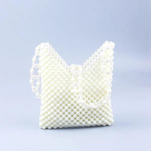 Handmade milky white acrylic pearl beaded handbag with unique V-neck cat ear design