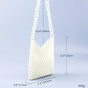 Detail of beaded shoulder bag with dimensions for height, width, and strap length