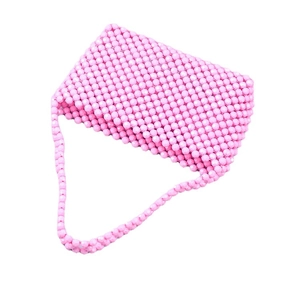 Pink handmade acrylic beaded shoulder bag with faceted beads and woven rectangular body
