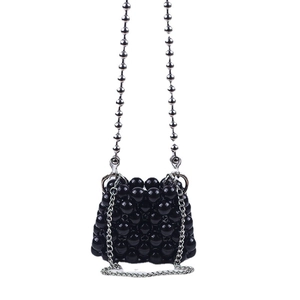 Mini black beaded crossbody bag with dual silver chains and handmade woven design