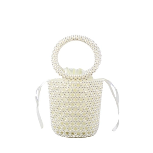 Handmade pearl beaded bucket bag with white satin drawstring liner and circular handle