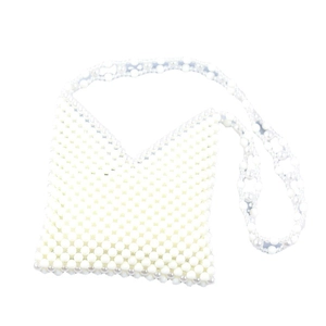 Chic milk white acrylic beaded shoulder bag with handcrafted hollow V-neck weave texture
