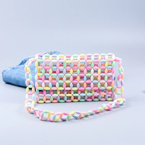 Handmade Beaded Shoulder Bag Acrylic Macaron Mixed Color Grid Hollow Out Flap Crossbody Purse Women Summer Sweet Style