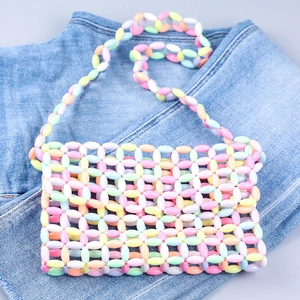 Handmade macaron-colored acrylic beaded shoulder bag with colorful checkered pattern