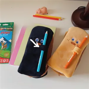 Detail view of plush toast-shaped pencil case with soft texture and elastic pen loops