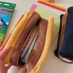 Creative plush hot dog pencil case with large capacity and soft yellow brown fabric