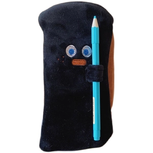 Funny toast-shaped black plush pencil case with cute embroidery and side pen loop