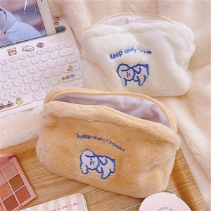 Cute plush makeup bag with cloud smile bear embroidery in white and khaki colors