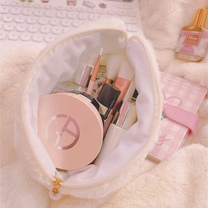 Cute white plush cloud bear makeup bag with pearl zipper showing spacious interior storage