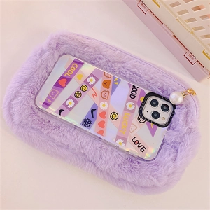 Cute purple plush storage bag for makeup or phone case with soft fur and pearl zipper