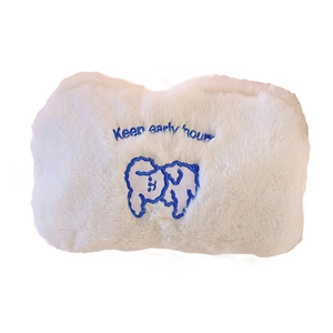 Cute white plush makeup bag with blue puppy embroidery and Keep early hours text