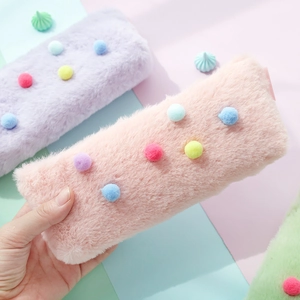 Macaron Plush Pencil Case With Colorful Pom Poms Soft Stationery Bag Large Capacity School Supplies For Students Women