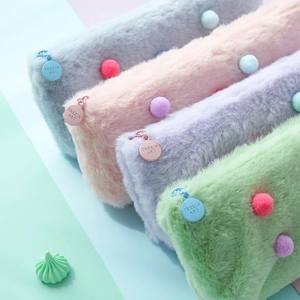 Fluffy macaron plush pencil case in soft gray pink purple and green with fur ball charm