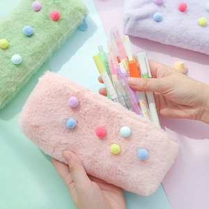 Large capacity macaron plush pencil case with colorful pom-poms for school stationery
