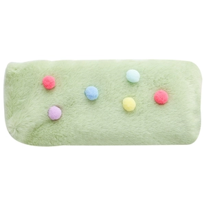 Light green faux fur pencil case with macaron pompoms on a clean white background