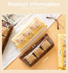 Detail view of plush biscuit pencil case with PVC window and zipper showing 206mm size