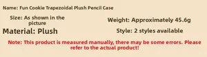 Detailed specifications for plush biscuit shaped pencil case showing dimensions and material