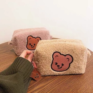 Teddy Fleece Makeup Bag Cute Cartoon Bear Embroidery Cosmetic Pouch Portable Large Capacity Storage Organizer For Women Girls