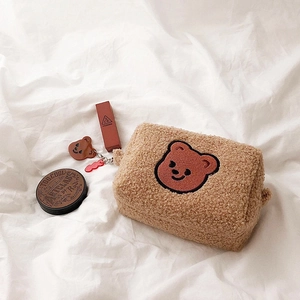 Plush brown teddy bear makeup bag with fluffy lamb wool and cute bear keychain charm