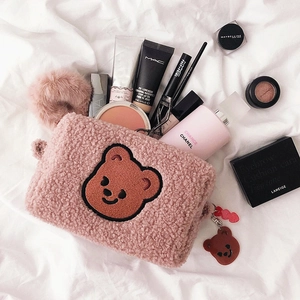 Pink fleece cherry bear makeup bag with fluffy teddy texture and large storage capacity