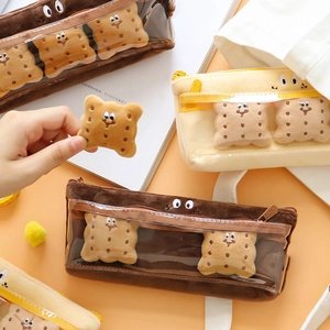 Plush Biscuit Pencil Case With Transparent PVC Window Cute Embroidery Sandwich Cookie Stationery Bag For Students