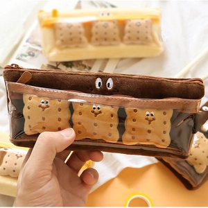 Cute biscuit plush pencil case with transparent window and colorful snack stuffing
