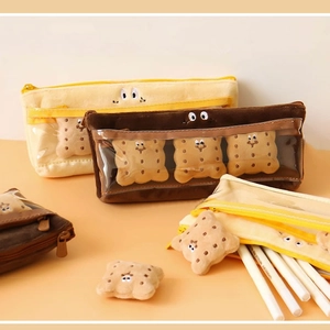 Cute sandwich biscuit plush pencil case with transparent window and tiny plush charms