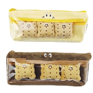 Cute plush cookie pencil case with PVC window in yellow and brown colors