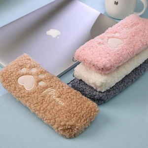 Cute plush cat paw pencil case with Meow embroidery in pink white and grey colors