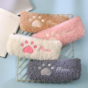Cute Plush Cat Paw Pencil Case Sherpa Stationery Bag Kawaii Meow Embroidery Zipper Pouch For Students Girls