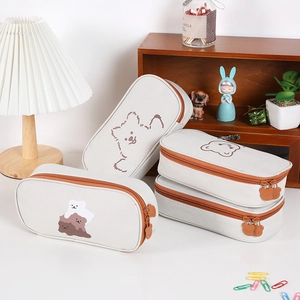 Cute canvas pencil case with cartoon bear patterns and large capacity for school stationery