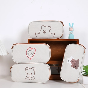 Cute canvas pencil case set with cartoon dog and bear patterns for students