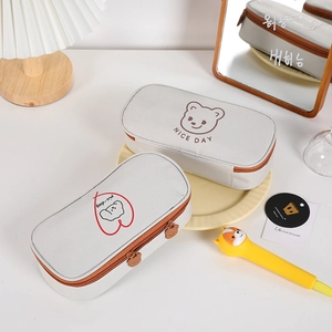 Cute canvas pencil case with cartoon bear and dog patterns, large capacity stationery bag