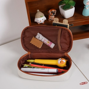 Large capacity canvas pencil case with zipper and mesh compartment for school stationery