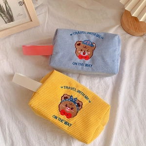 Cute bear embroidery corduroy cosmetic bags in blue and yellow with top handles