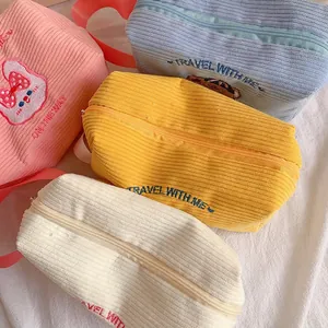 Cute corduroy makeup bags with animal embroidery and zippers in four assorted colors