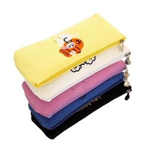 Cute bear embroidered canvas pencil cases in five colors with metal ring zippers