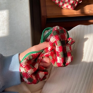 Retro kerst gebreide make-uptas met ruitpatroon en een grote capaciteit