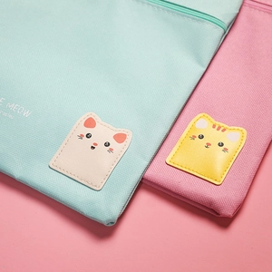 Cute cat theme A4 Oxford fabric document bags in mint green and pink with zipper
