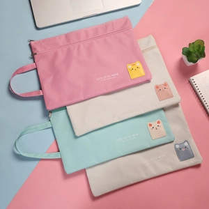 A4 Oxford fabric file bag with cute cartoon cat print and dual-layer zipper handles