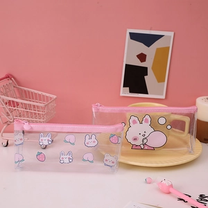 Trousse scolaire mignonne en PVC transparent avec motif lapin rose pour filles et étudiants