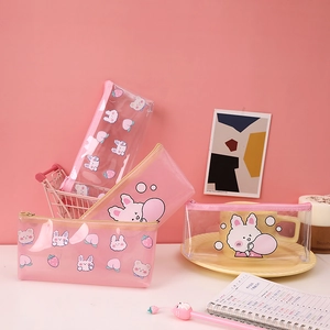 Trousse à crayons rose en PVC transparent avec mignons motifs japonais de lapin et ours