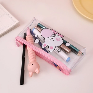 Trousse à crayons transparente en PVC lapin rose de grande capacité avec papeterie mignonne