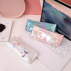 Detail of laser holographic mermaid pencil cases with faux pearl trim and zipper