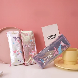Cute mermaid theme laser holographic pencil cases with pearls and glitter finish