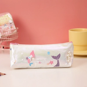 Holographic mermaid pencil case with pearl accents and pink zipper close-up view