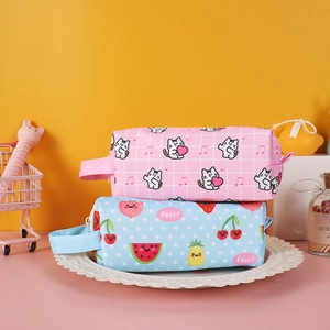 Cute large capacity canvas pencil case with strawberry and cat cartoon prints