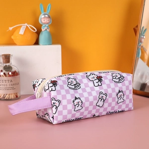 Detail of purple checkered pencil case with cartoon bear prints and canvas side handle